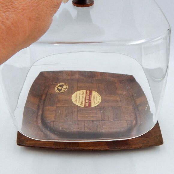 Weavewood Covered Cheese Tray With Clear Lid Handwoven Walnut MCM - Picture 8 of 11